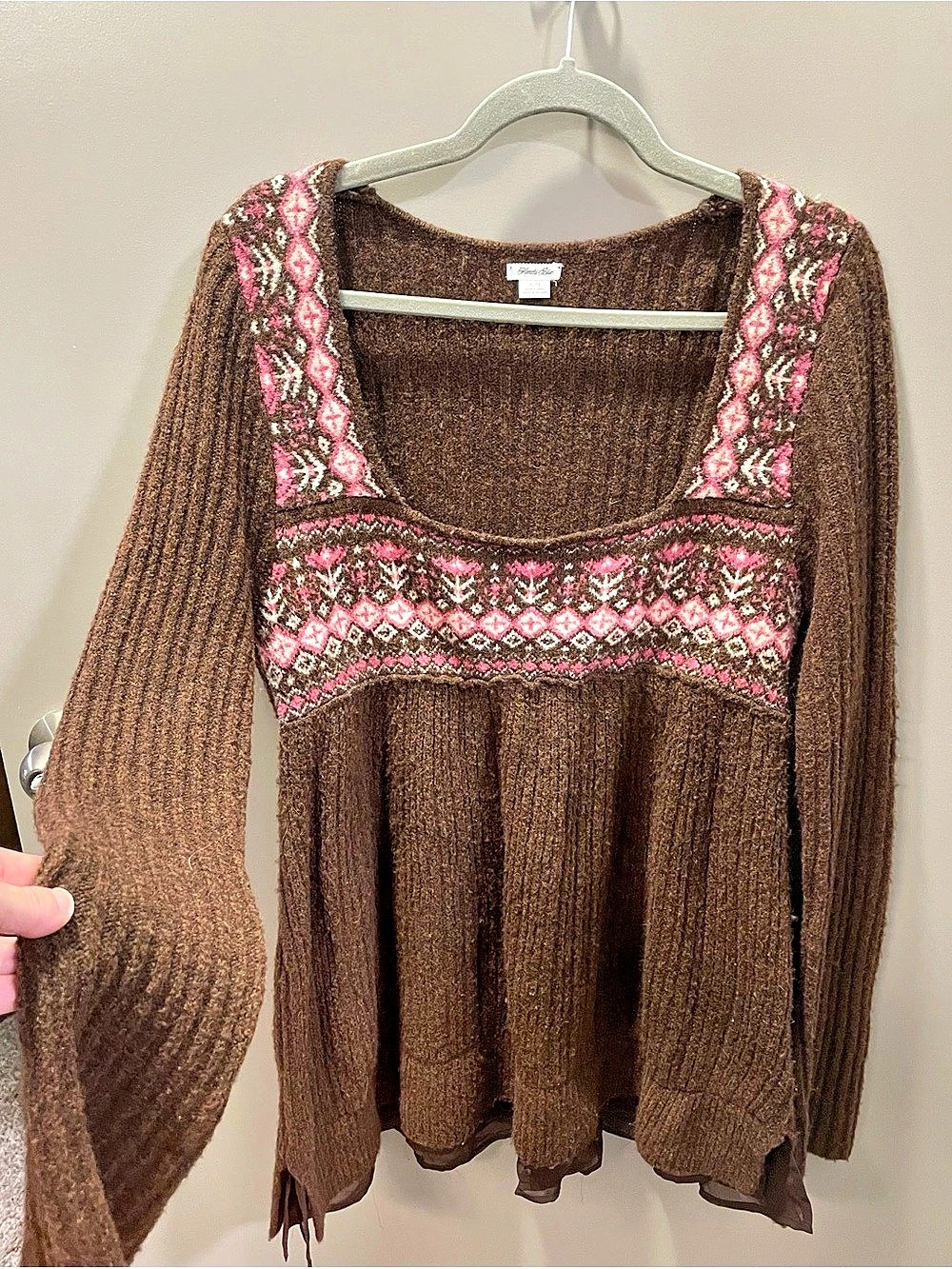 Free People Brown & Pink Patterned Knit Sweater